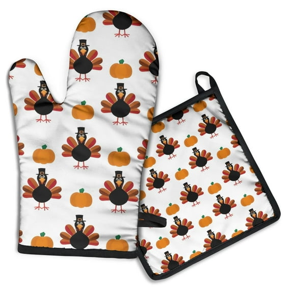 Happy Thanksgiving Turkey Fall Pumpkin Kitchen Oven Mitt and Pot Holder Sets 2 Pcs for Baking, Cooking and Grilling, Heat Resistant Up To 392 °F