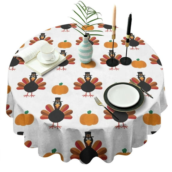 Happy Thanksgiving Turkey Fall Pumpkin Round Tablecloth 60" X 60",Wrinkle Wipeable Table Cloth for Kitchen Dining Room Picnic Patio Party