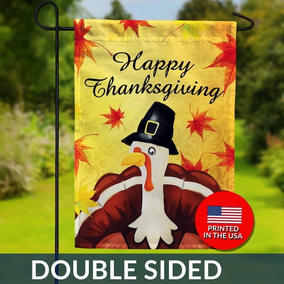 Happy Thanksgiving Turkey Garden Flag Double Sided Pilgrim Design 1