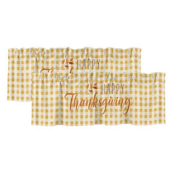 Happy Thanksgiving Valances for Windows 2 Panels Amber Orange Plaid Backdrop Rustic Rod Pocket Kitchen Curtain Valance Small Window Treatment for Living Room Bathroom Bedroom Over Sink 42x12 Inch