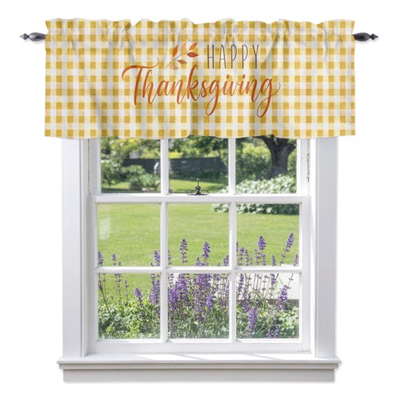 Happy Thanksgiving Valances for Windows, Amber Orange Plaid Backdrop Rustic Valance Window Treatment Rod Pocket Short Curtains Valances for Kitchen Bathroom 42"W x 12"L