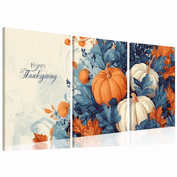 Happy Thanksgiving Vertical Canvas Art with Pumpkins Autumn Leaves - High-Definition, Semi-Gloss Finish for Social Media Profiles or Cover Photos 12*16inch*3pcs