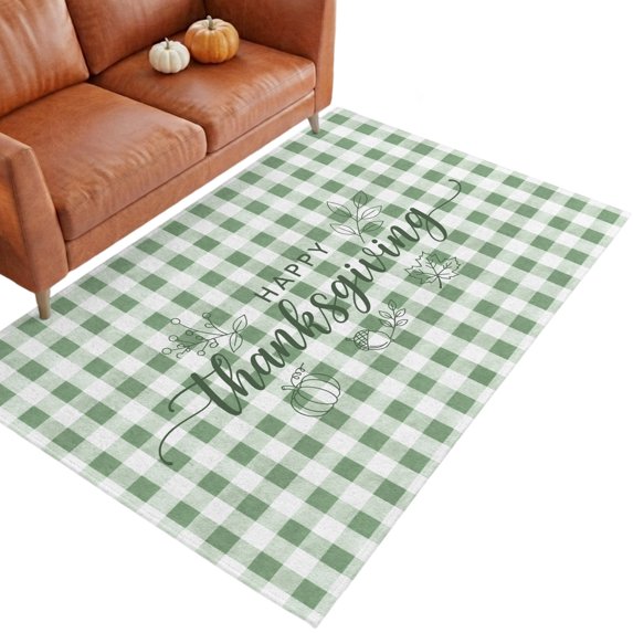 Happy Thanksgiving Washable Area Rug 2.7 x 5 ft Sage Green White Plaid Rustic Leaf Pumpkins Soft Non‑Slip Rugs Stain Repellent Indoor Mats for Kitchen Aisle, Foyer, Foot‑of‑Bed, Mudroom