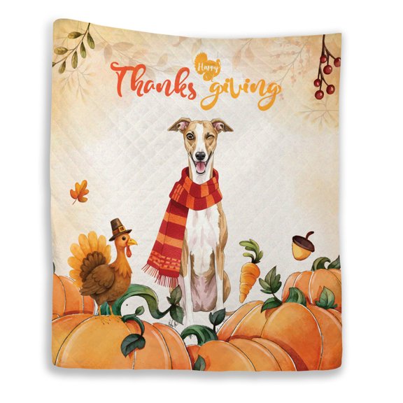Happy Thanksgiving Whippet with Turkey Pumpkins Autumn Vibes Quilt Blanket Dog Lover Cozy Comforter Throw Blanket - 12018