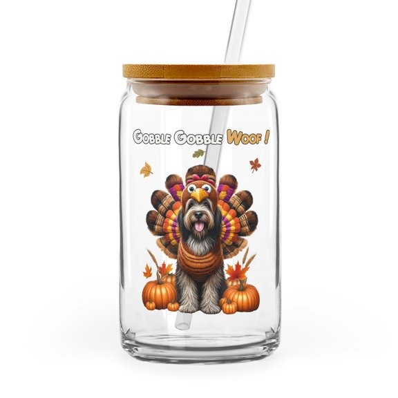 Happy Thanksgiving Wirehaired Pointing Griffon Turkey Costume Pumpkins Autumn Leaves 16oz Glass Cup Mug Dog Lover Glass Can with Bamboo Lid and Straw - 130144