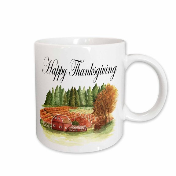 3drose, Happy Thanksgiving with a Red Barn Fall Field Scene, 15oz Mug