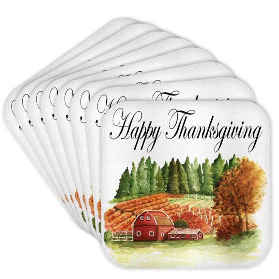 3drose, Happy Thanksgiving with a Red Barn Fall Field Scene, Set of 8 Coasters - Soft
