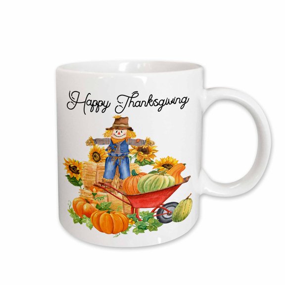 3drose, Happy Thanksgiving with a Scarecrow and Wheelbarrow of Pumpkins, 15oz Mug