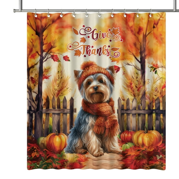 Happy Thanksgiving Yorkshire Terrier Give Thanks Fall Beanie Scarf Welcome Shower Curtain Yorkie Dog Lover Gifts Waterproof Bathroom Bathtub Curtain - 00020