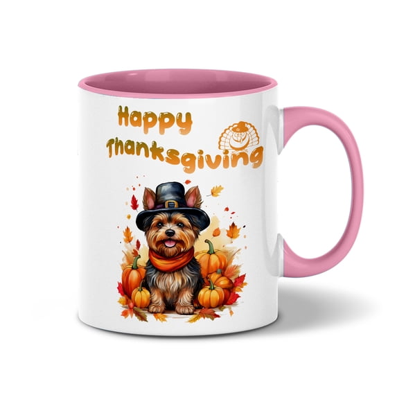 Happy Thanksgiving Yorkshire Terrier Welcome Thankful Fall Autumn Pumpkin 11oz Accent Two-tone Mug Yorkie Dog Lover Gifts Coffee Tea Cup - 02021