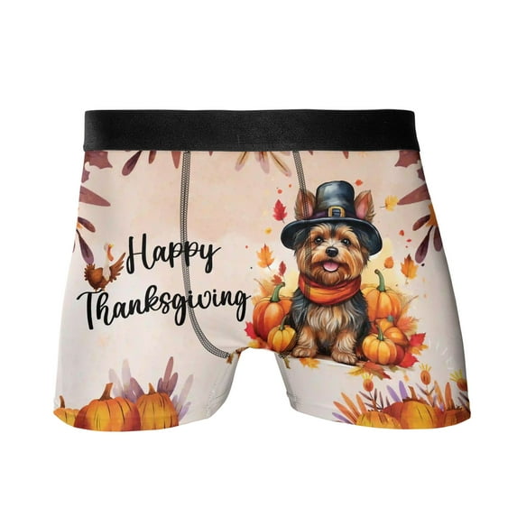 Happy Thanksgiving Yorkshire Terrier Welcome Thankful Fall Autumn Pumpkin All Over Print Boxer Briefs Underwear for Men Dad Yorkie Dog Lover Gifts - 02021