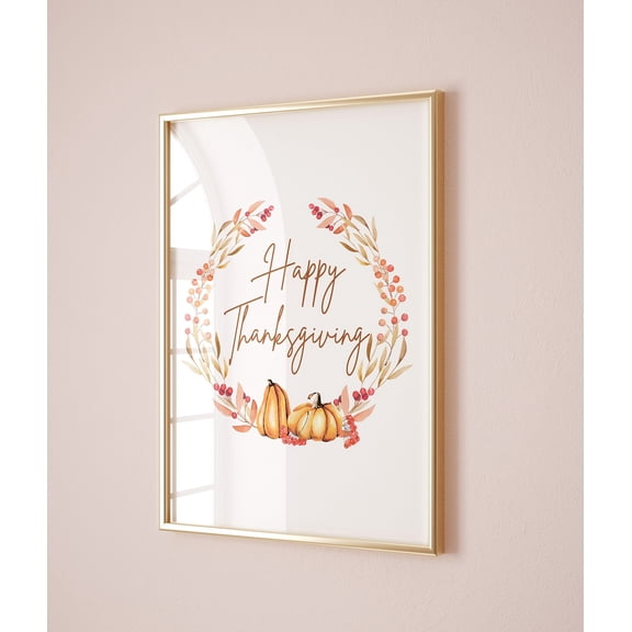 Happy Thanksgiving wreath Rustic Thanks Giving Wall Art Autumn Leaves Kitchen Poster, Unframed Poster Size 8x12