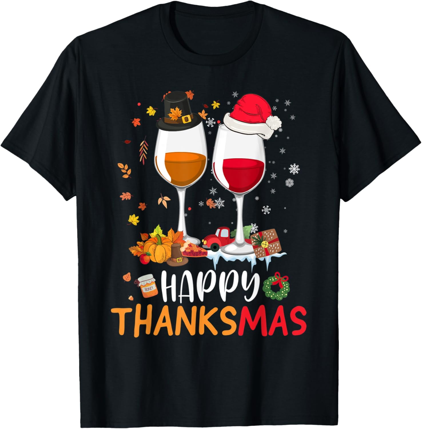 Happy Thanksmas Wine Funny Thanksgiving Christmas TShirt
