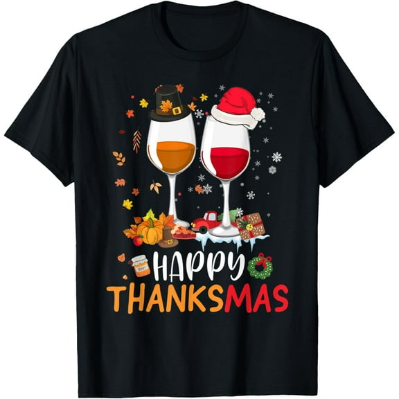 Happy Thanksmas Wine Funny Thanksgiving Christmas T-Shirt