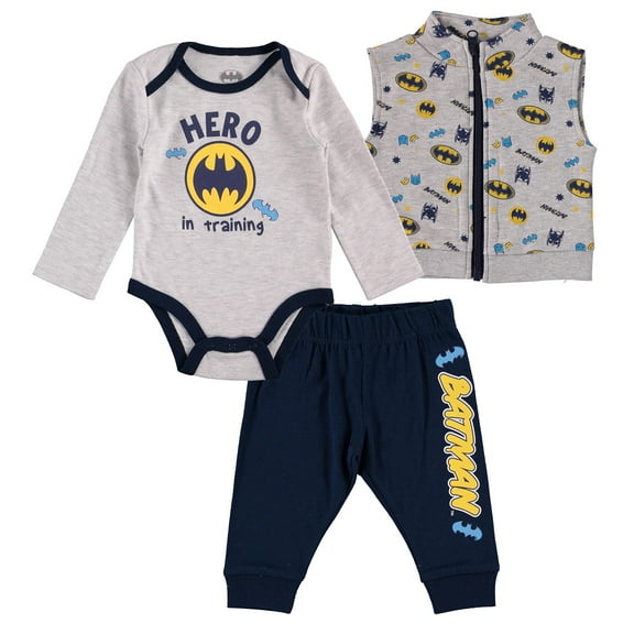 Happy Threads Baby Boy 3 Piece Set Includes Bodysuit, Pants and a Zip-up Vest Grey/Black/Yellow, 6-9 Months