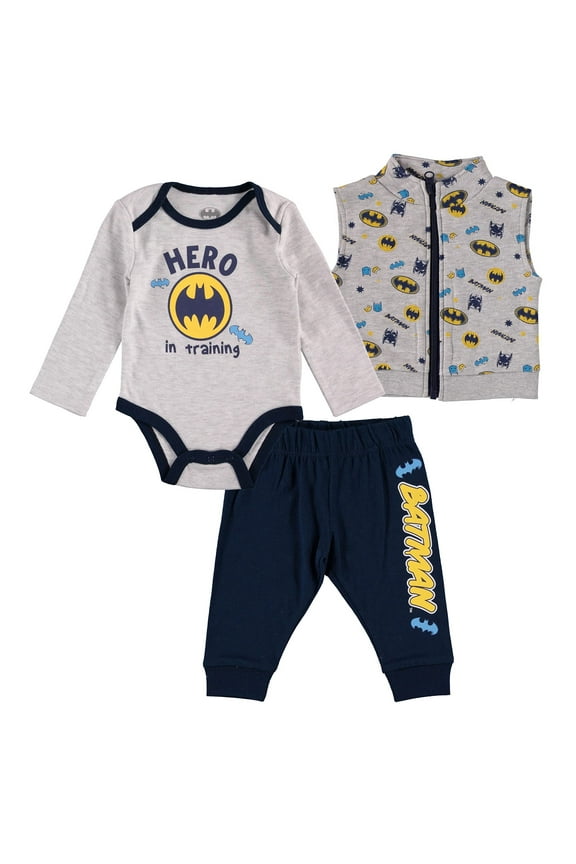 Happy Threads Baby Boy 3 Piece Set Includes Bodysuit, Pants and a Zip-up Vest Grey/Black/Yellow, 6-9 Months