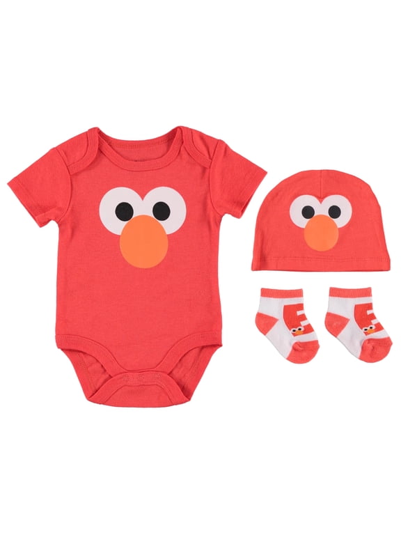 Sesame Street Elmo Baby Gift Set, Baby Clothes Set 3-Piece Bodysuit Beanie Hat Socks, Red, 3-6 Months