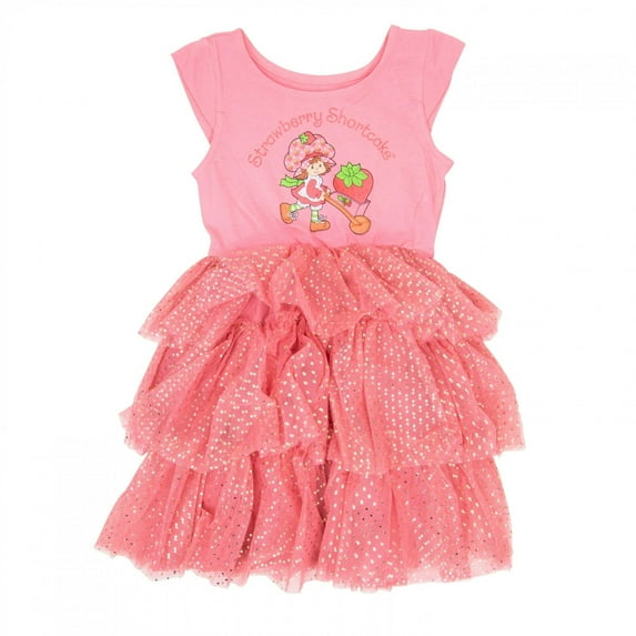 Happy Threads Strawberry Shortcake Girls Tutu Cosplay Dress Short Sleeve Costume Outfit with Sparkly Tulle Skirt Kids Party Dress-Up