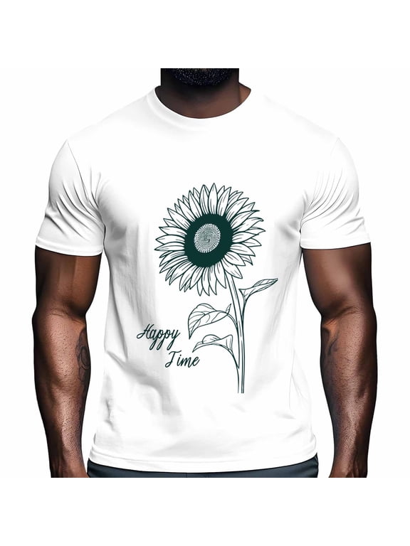 Happy Time Men's T Shirts Minimalist Style Line Sunflower T-Shirt for Men Crew Neck Tees Cotton Tops White, S