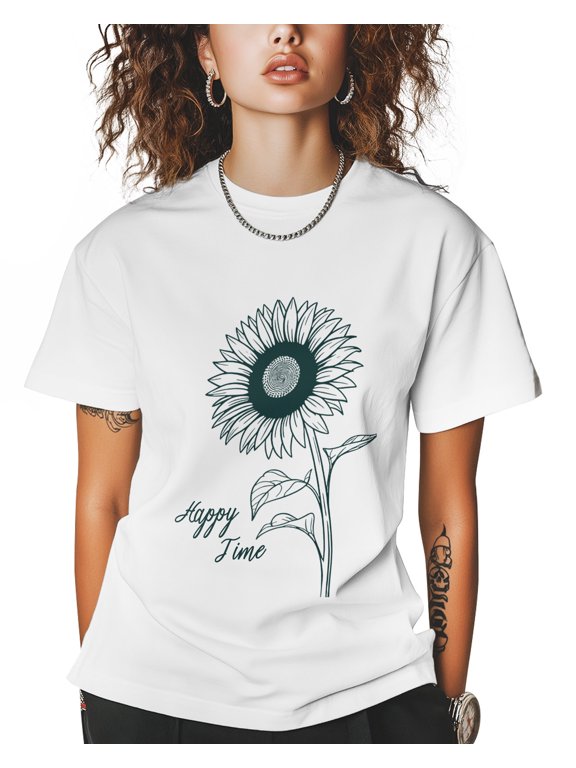 Happy Time T Shirts for Women Short Sleeve Cotton Crewneck T-Shirt Minimalist Style Line Sunflower Tee Tops Casual Basic T-Shirts, XS-5XL White S