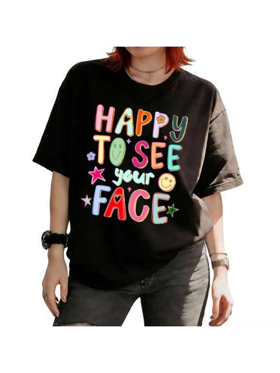 Happy To See Your Face Graphic Tees T-shirt Colorful Smiley Face Star Tops Short Sleeve Round Neck Black S-5XL