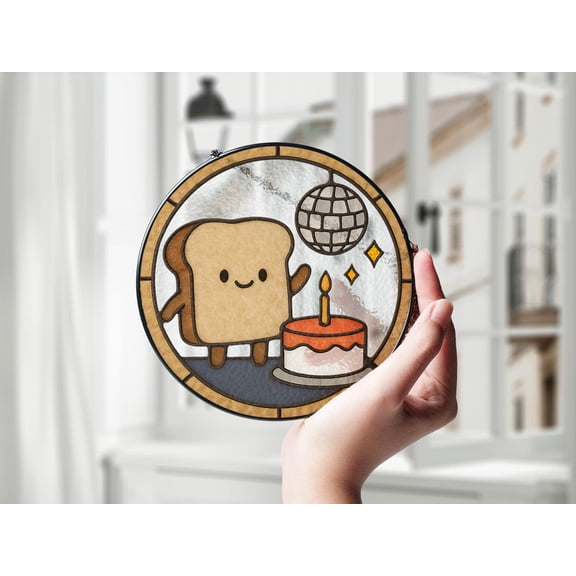 Happy Toast Glass Suncatcher, Cute Playful Food Decor, Whimsical Window Art, 7.9 in