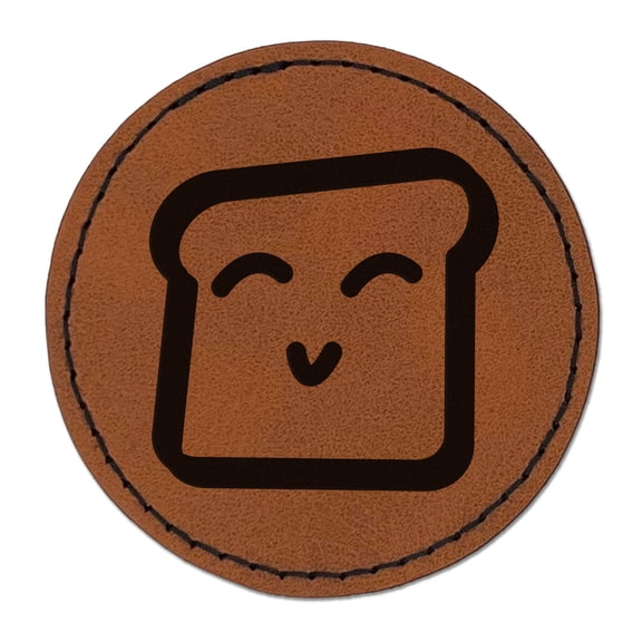 Happy Toast Kawaii Outline 2.5" Faux Leather Round Engraved Iron-On Patch - Brown