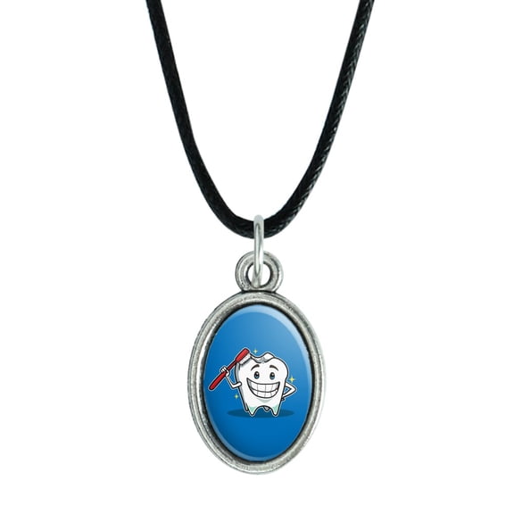 Happy Tooth Toothbrush Dentist Antiqued Oval Charm Pendant with Black Satin Cord
