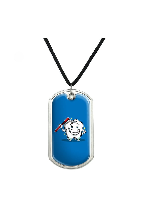 Happy Tooth Toothbrush Dentist Military Dog Tag Pendant Necklace with Cord