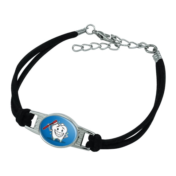 Happy Tooth Toothbrush Dentist Novelty Suede Leather Metal Bracelet