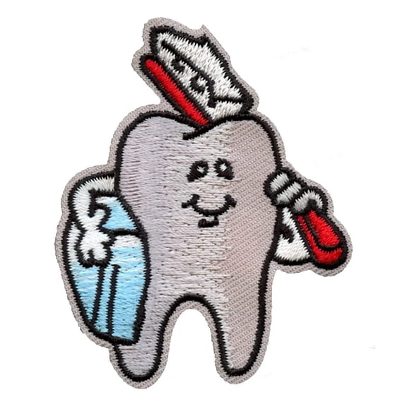 Happy Tooth With Toothbrush And Floss Embroidered Iron On Patch