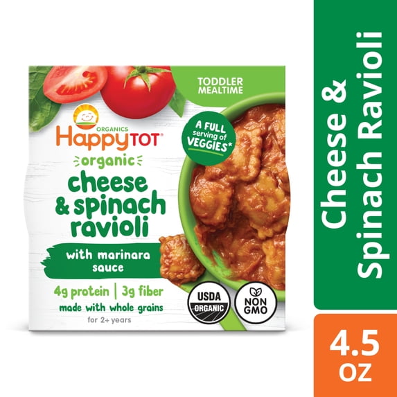 Happy Tot Organics, Cheese & Spinach Ravioli with Marinara Sauce Toddler Mealtime Bowl, 4.5 oz