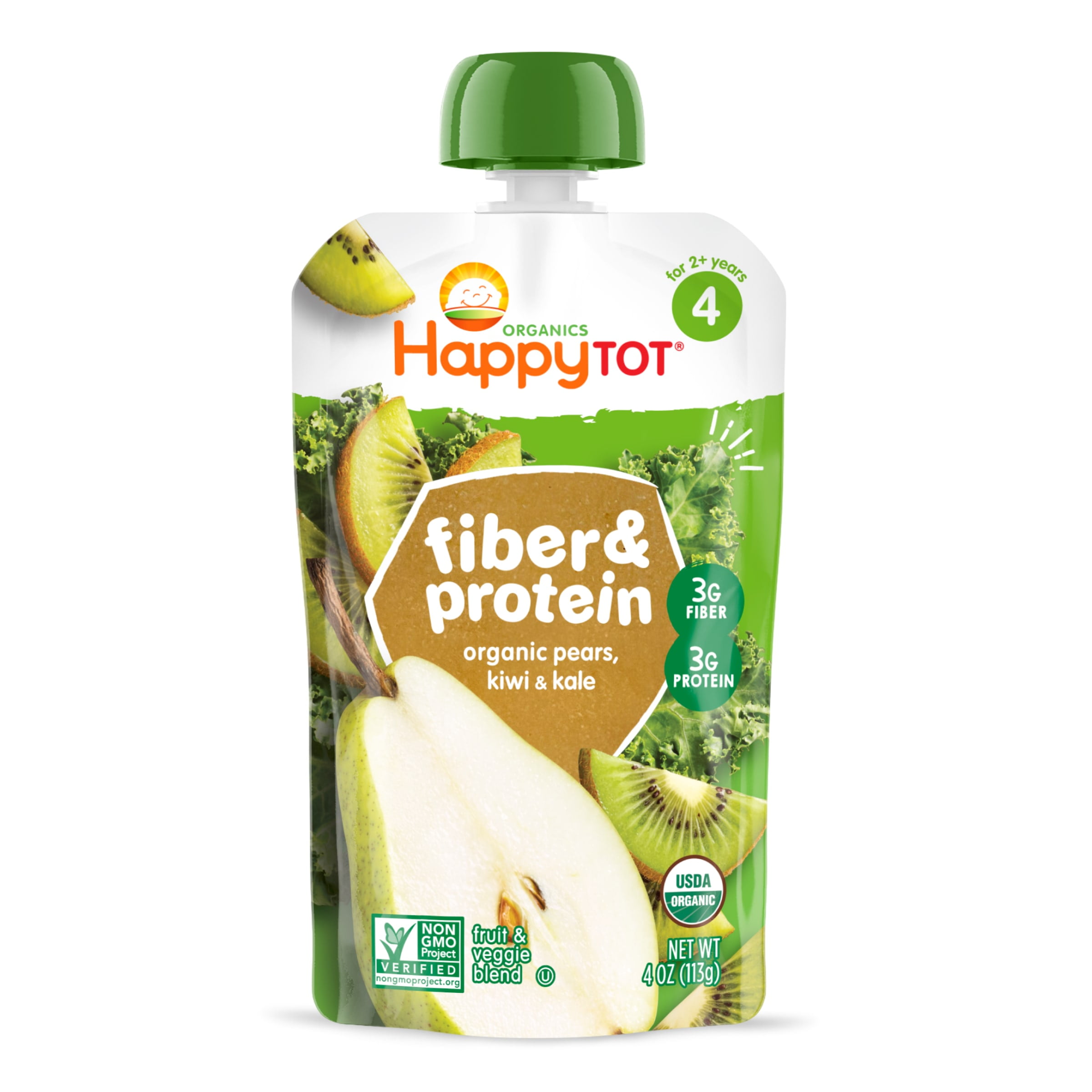 Happy Tot Organics Fiber & Protein Stage 4, Pears Kiwi & Kale Organic Tot Food, 4 oz Pouch