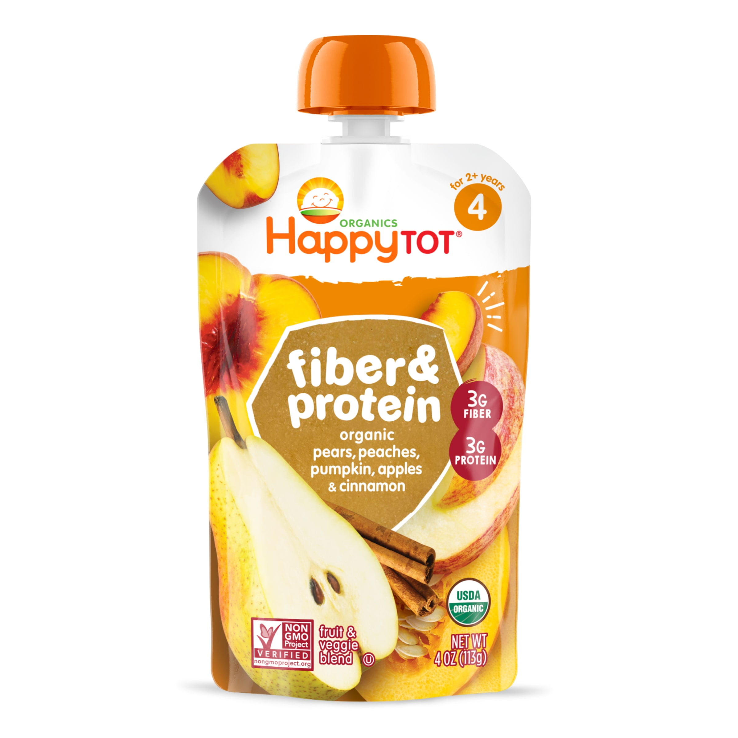 Happy Tot Organics Fiber & Protein Stage 4, Pears Peaches Pumpkins & Apples with Cinnamon Organic Tot Food, 4 oz Pouch