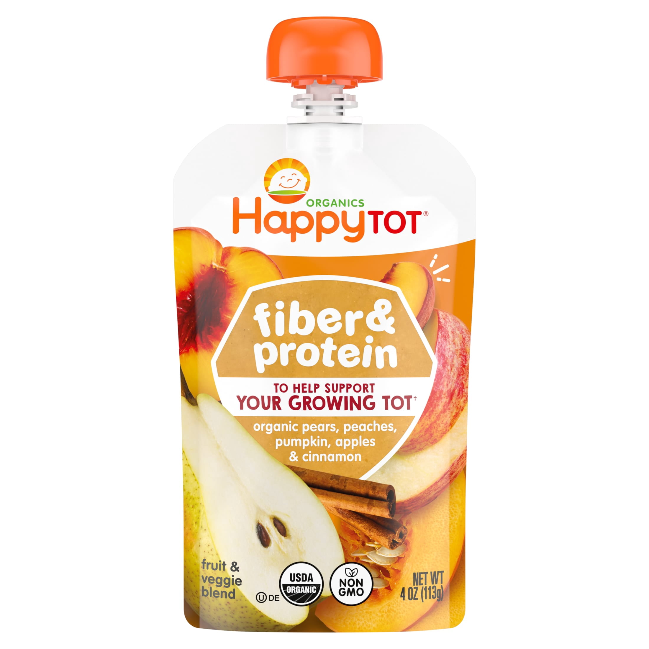 Happt Tot Organics Stage 4 Baby Food Pouch, Gluten Free, Vegan Snack, Fiber & Protein Fruit & Veggie Puree, Apples, Peaches, Pumpkin & Cinnamon, 4 oz.