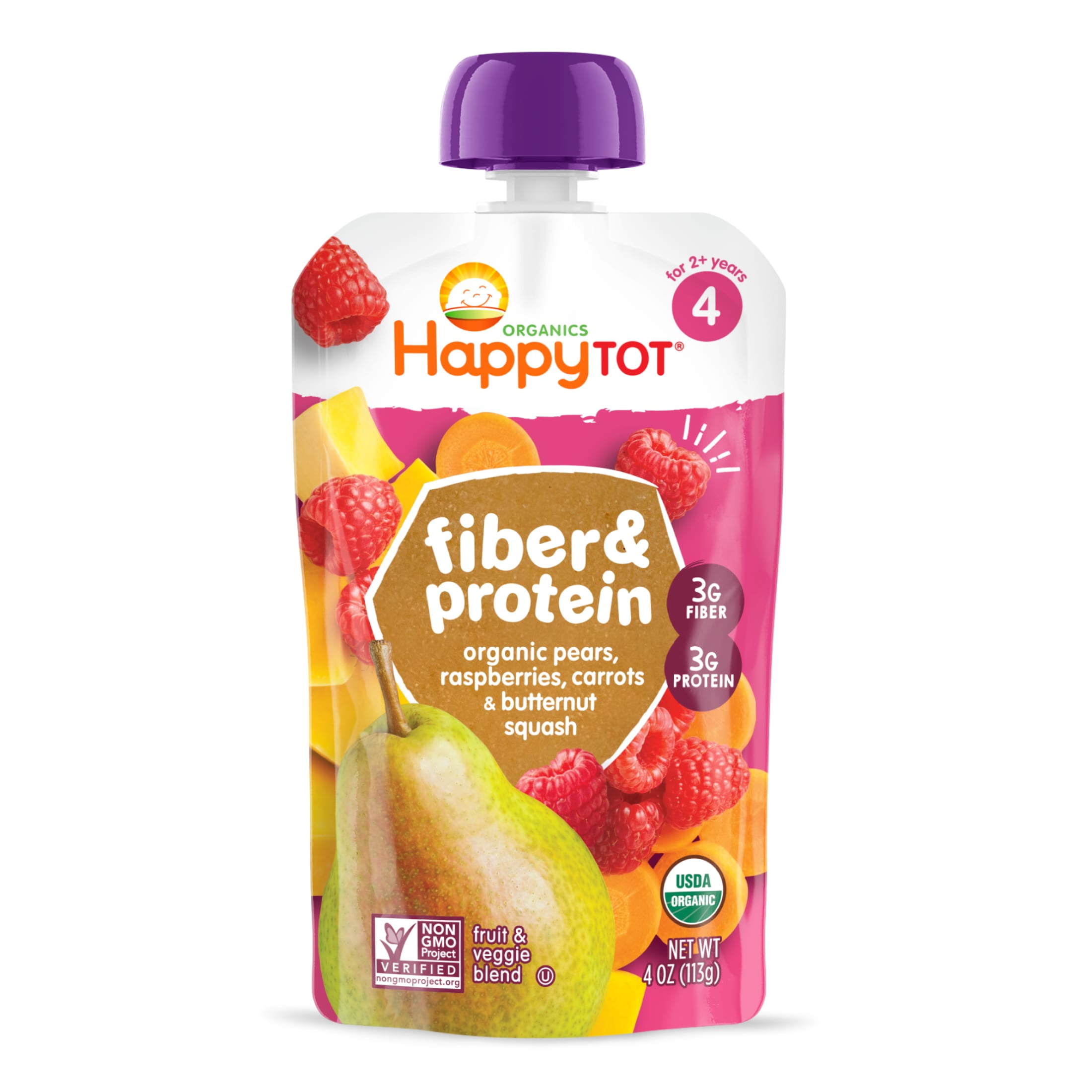 Happy Tot Organics Fiber & Protein Stage 4, Pears Raspberries Carrots & Butternut Squash Organic Tot Food, 4 oz Pouch