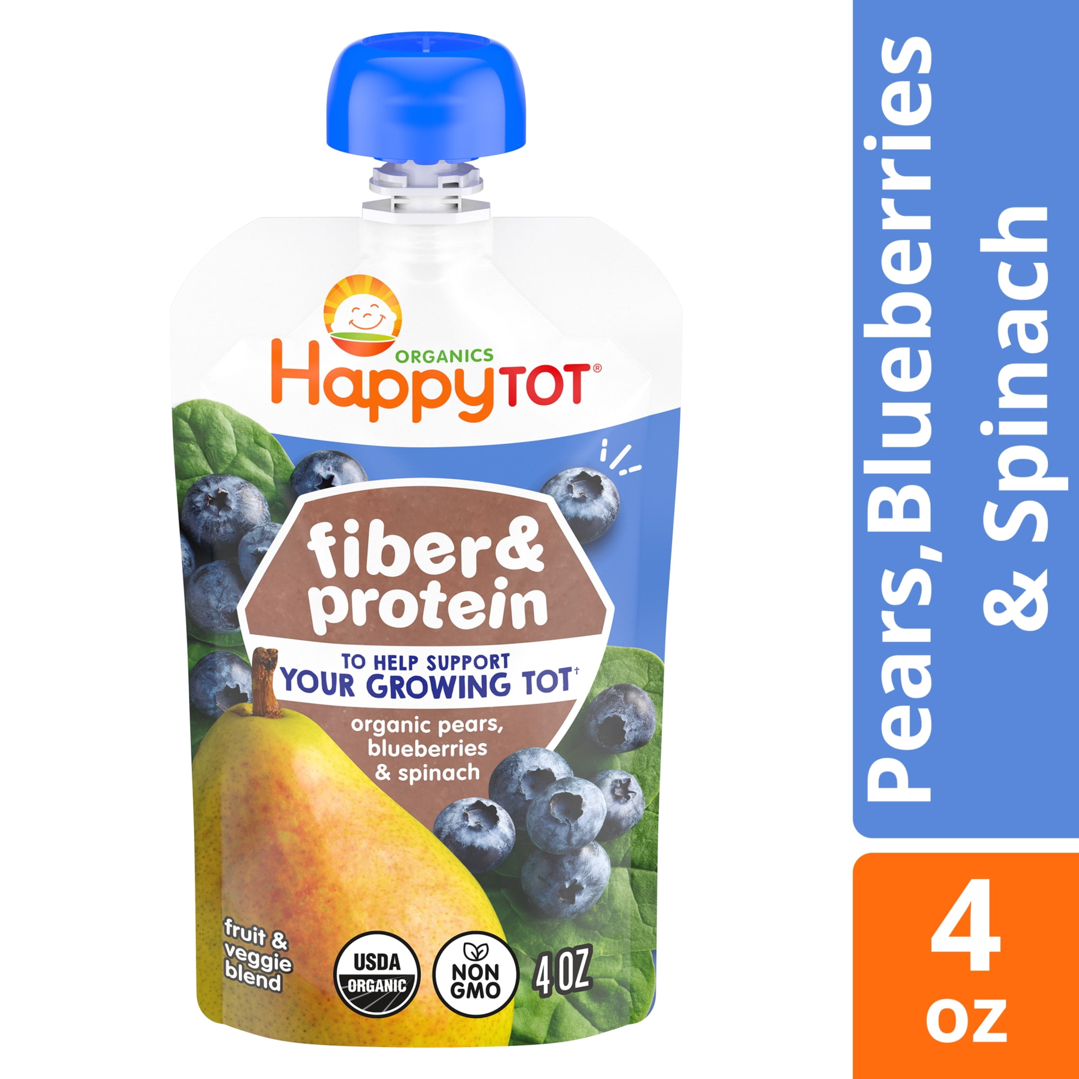 Happy Tot Organics Fiber & Protein, Stage 4, Pears Blueberries & Spinach Organic Tot Food, 4 oz.