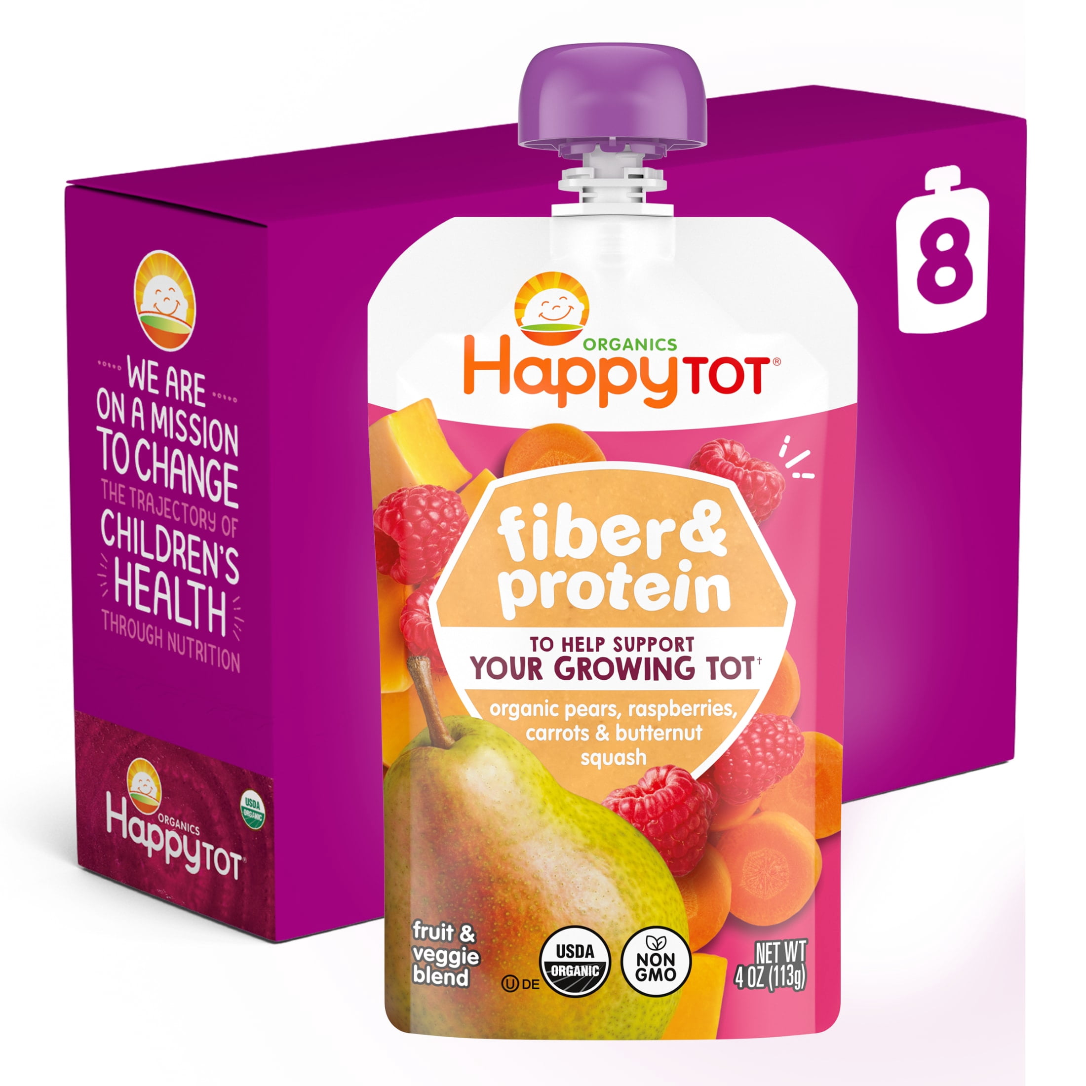 Happy Tot Organics Fiber & Protein Stage 4, Pears Raspberries Butternut Squash & Carrots Organic Tot Food, 4 oz. Pouches (8 pack)