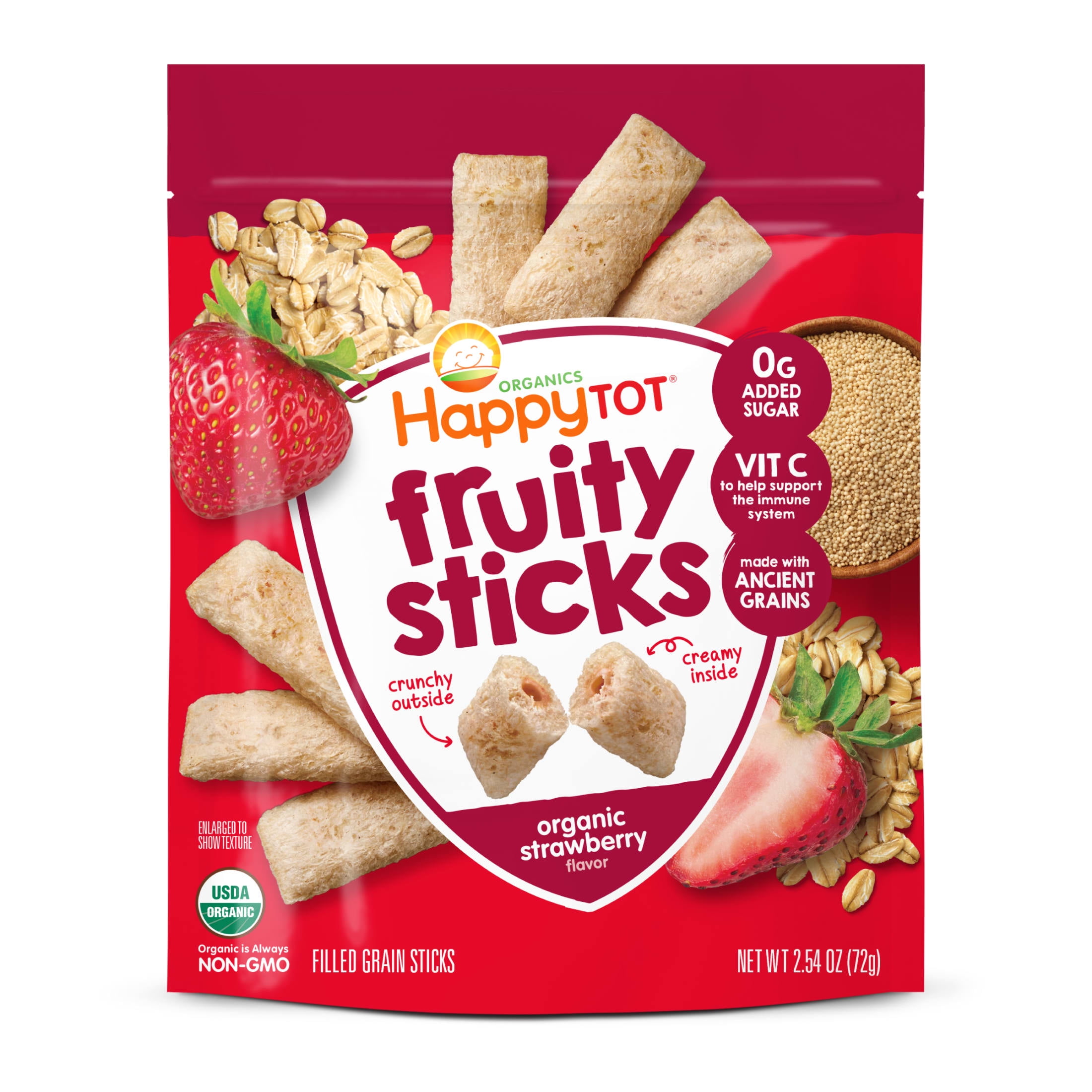 Happy Tot Organics Fruity Sticks, Strawberry Oat Filled Grain Sticks Organic Tot Snack, 2.54oz Bag