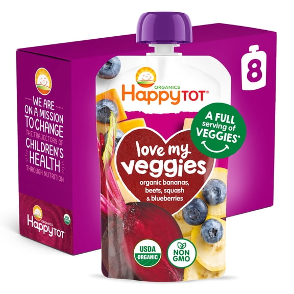 Happy Tot Organics Love My Veggies, Stage 4 Organic Bananas Beets Squash & Blueberries, Organic Toddler Food, 4.22 oz Pouch (8 Pack)