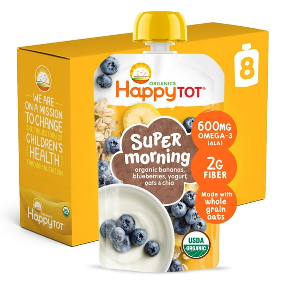Happy Tot Organics Super Morning Stage 4, Bananas Blueberries Yogurt & Oats, Organic Tot Food, 4 oz Pouch (Pack of 8)