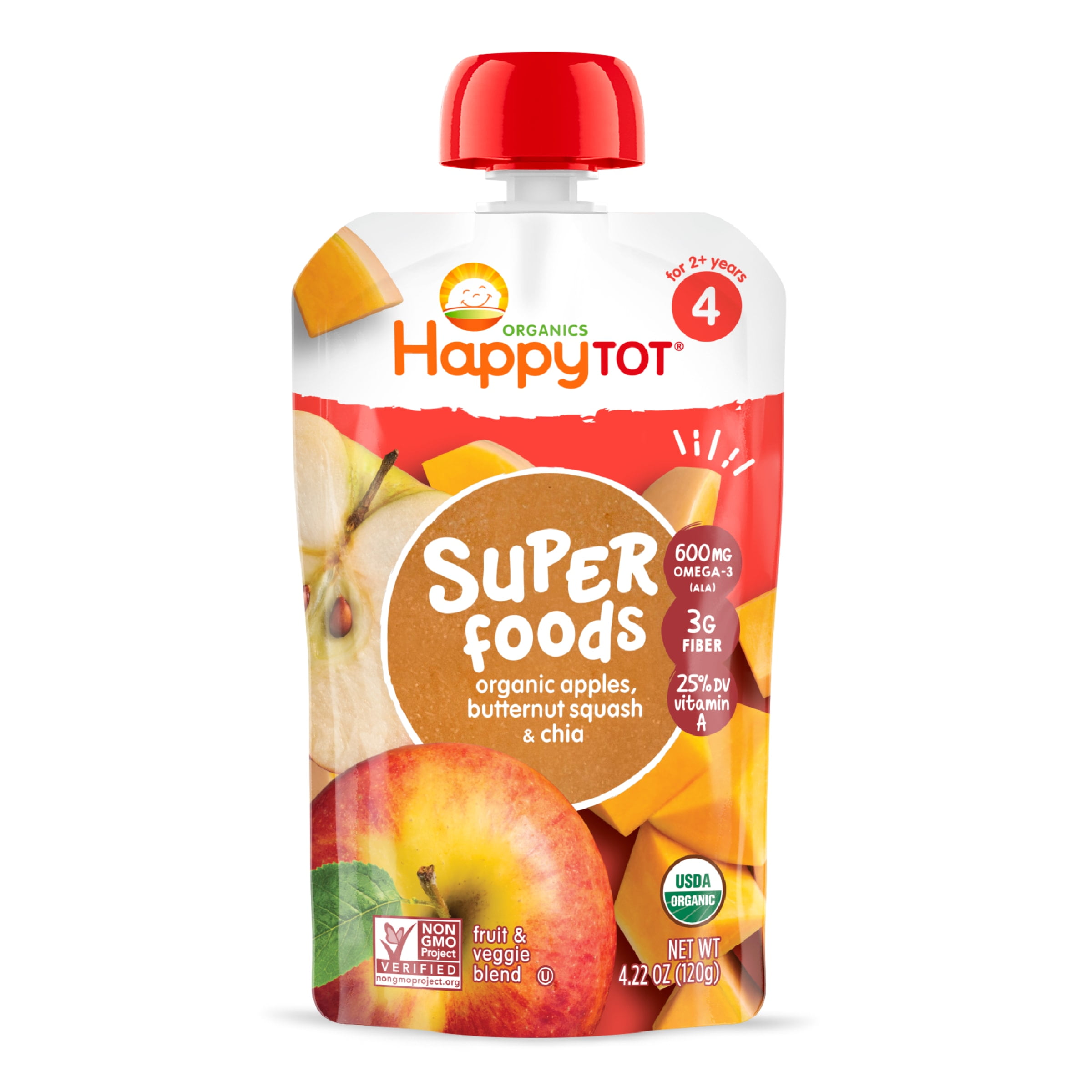 Happy Tot Organics Super Foods Stage 4, Apples Butternut Squash & Super Chia, Organic Tot Food, 4.22 oz Pouch