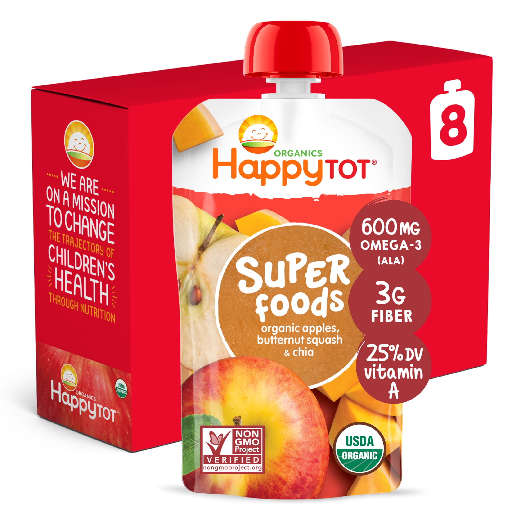 (8 Pouches) Happy Tot Super Foods Pouches Organic Apples & Butternut Squash + Super Chia, 4.22 OZ