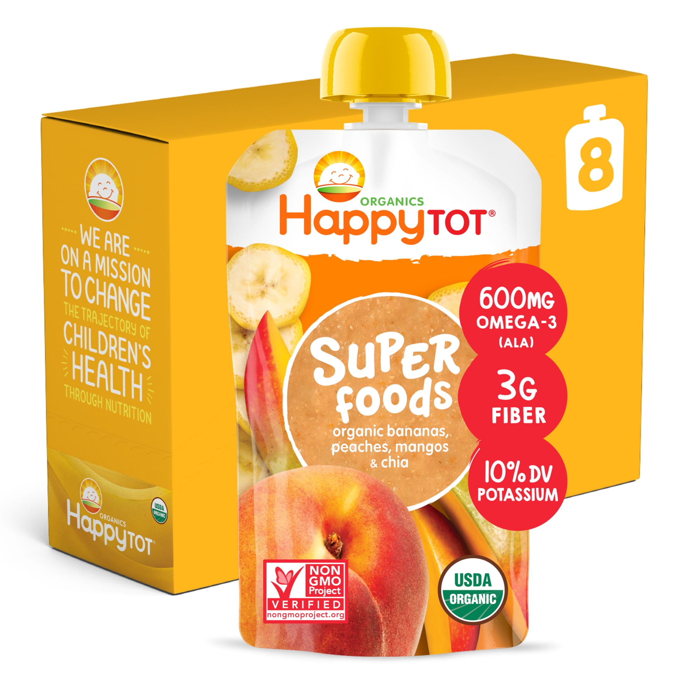 (8 Pouches) Happy Tot Super Foods Pouches Organic Bananas, Peaches & Mangos + Super Chia, 4.22 OZ