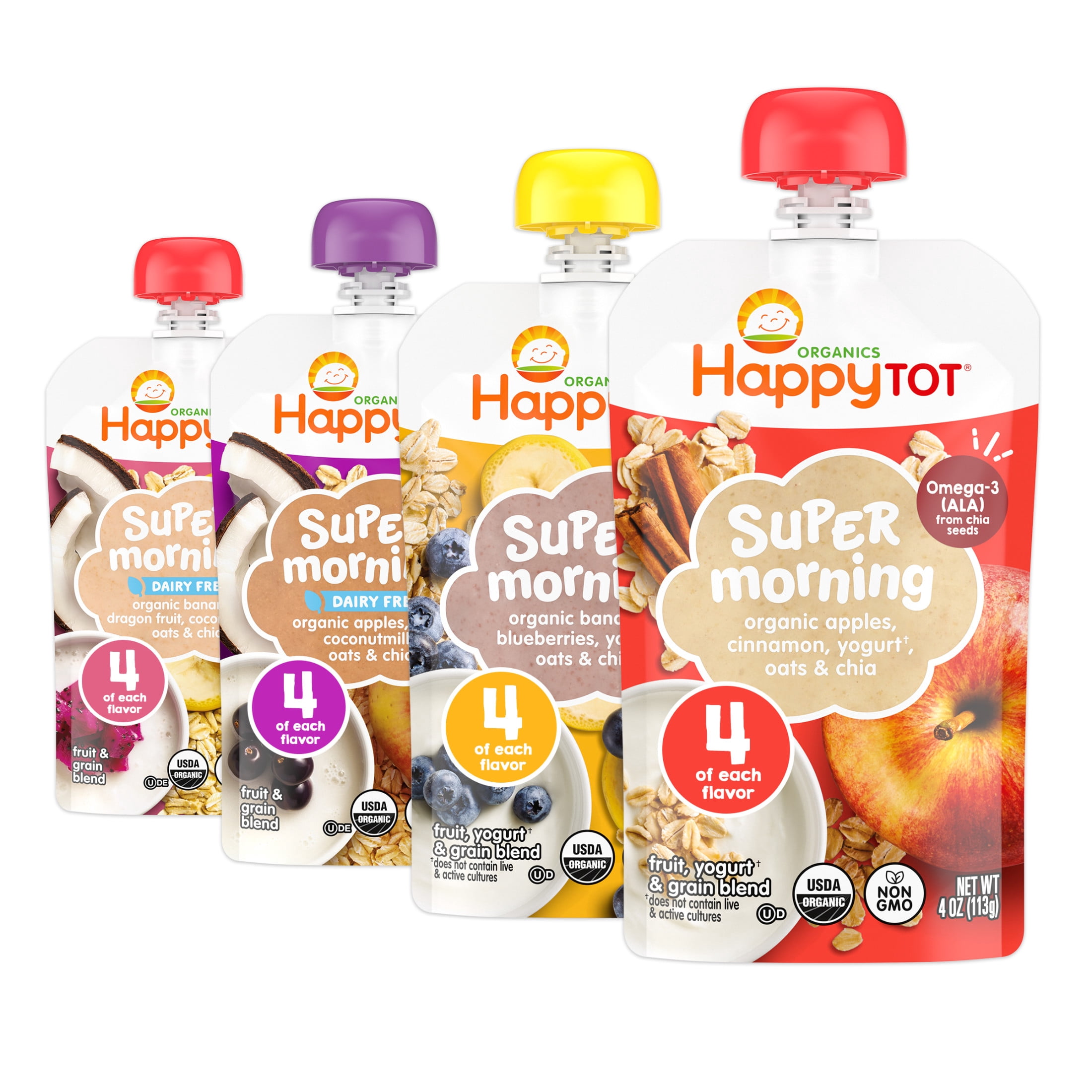 Happy Tot Organics Super Morning & Super Food Stage 4 Variety, 4oz Pouch,16 pack: