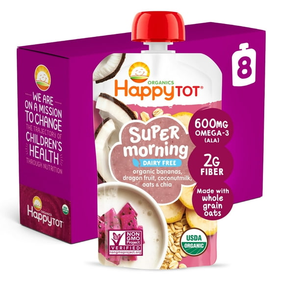 Happy Tot Organics Super Morning Dairy Free Stage 4, Bananas Dragon Fruit Oats & Chia Organic Tot Food, 4 oz Pouch (Pack of 8)