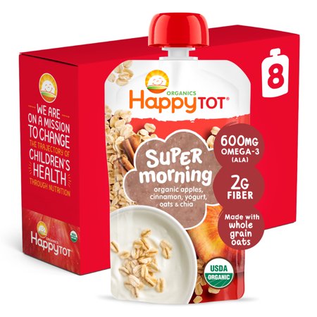 Happy Tot Organics Super Morning Stage 4, Apple Cinnamon Yogurt & Oats Organic Tot Food, 4 oz Pouch (Pack of 8)
