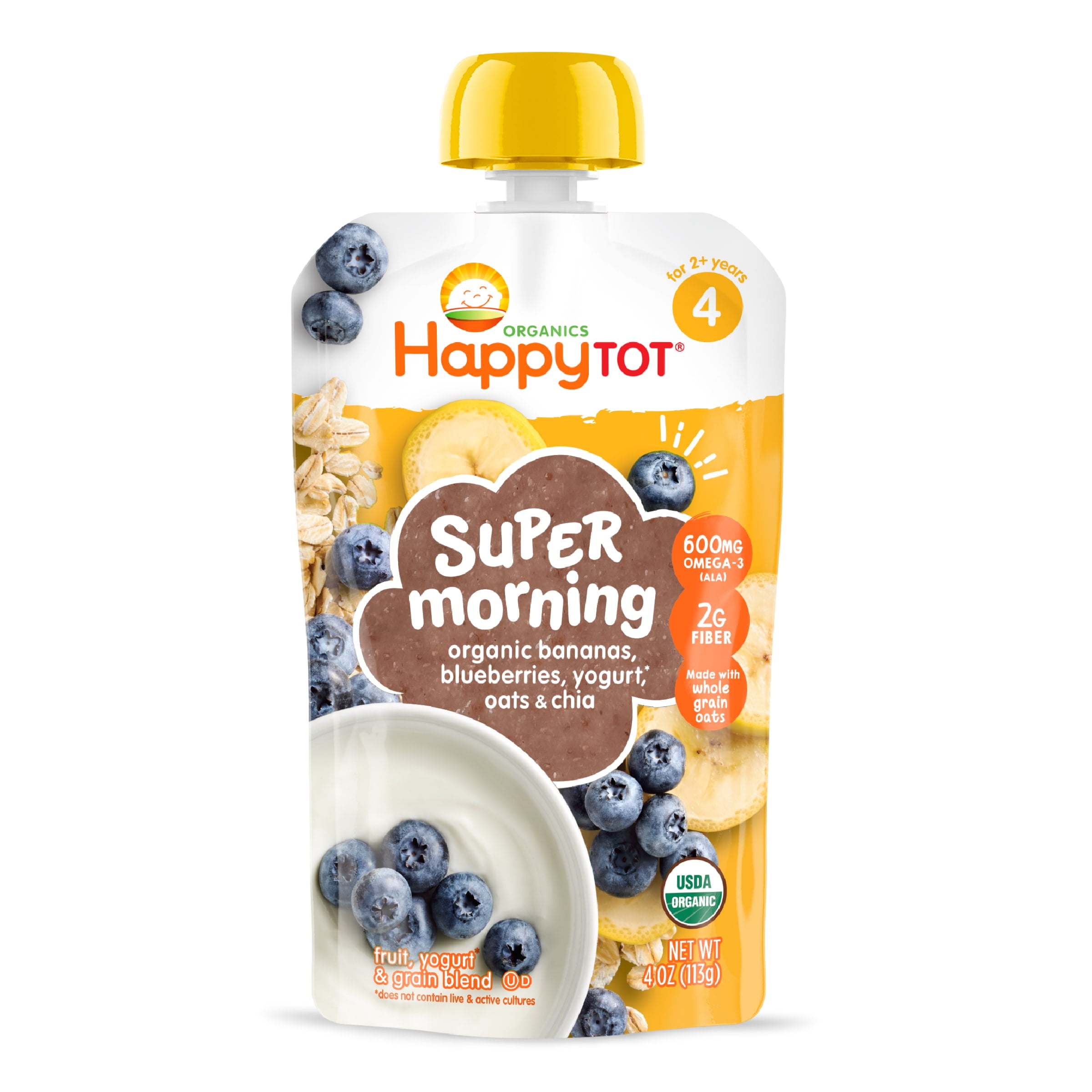 Happy Tot Organics Super Morning Stage 4, Bananas Blueberries Yogurt & Oats, Organic Tot Food, 4 oz Pouch