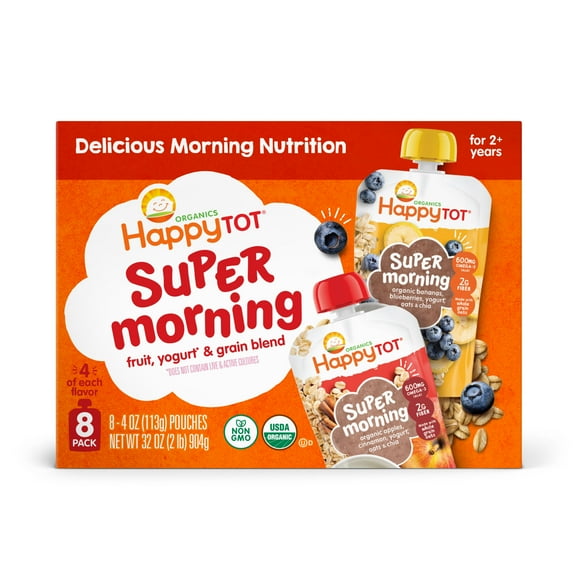 Happy Tot Organics Super Morning Stage 4, 2-Flavor Variety Pack Organic Tot Food, 4 oz (8 Pouches)