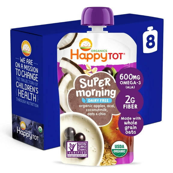 Happy Tot Organics Super Morning Dairy Free Stage 4, Apples, Acai, Coconutmilk, Oat, Cinnamon & Chia Organic Tot Food, 4 oz Pouch (Pack of 8)